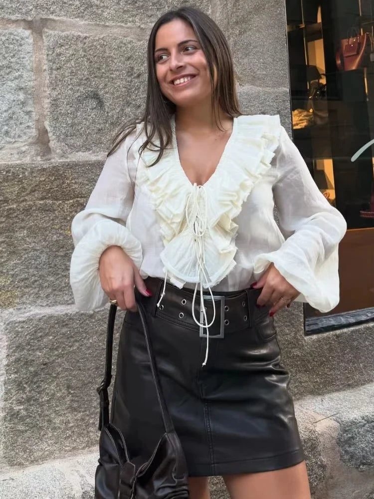 Fashion Solid V-neck Lantern Long Sleeve Blouse