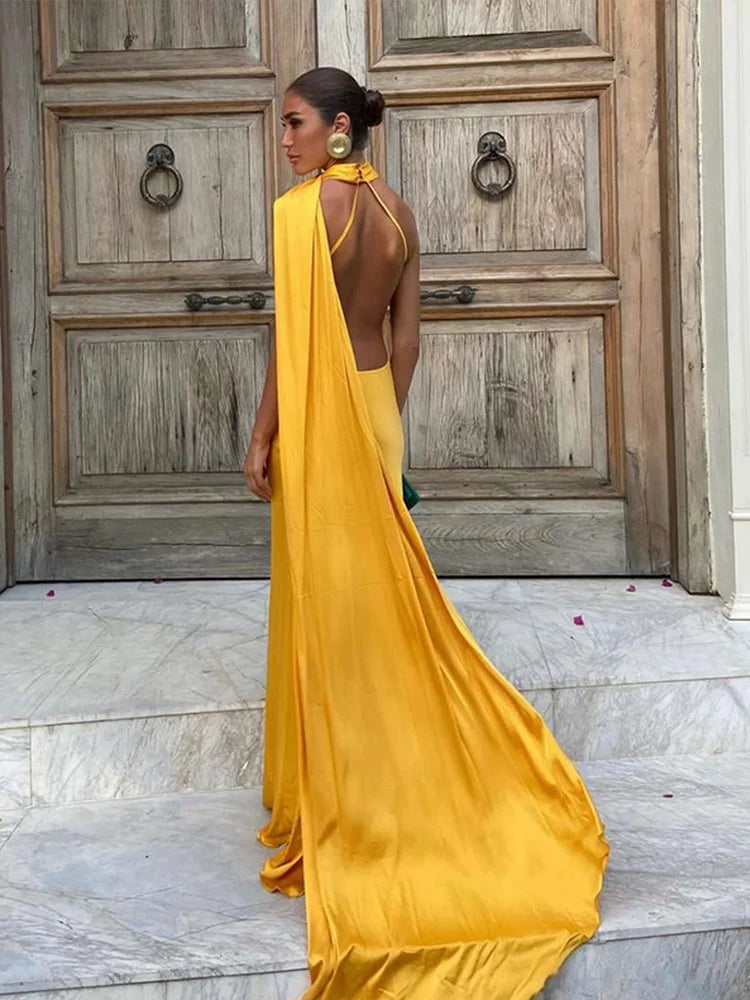 Satin Halter Neck Asymmetric Draped Sash Floor Length Gown - View 3