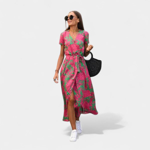 Floral V-Neck Short Sleeve Belted Wrap High Low Midi Dress