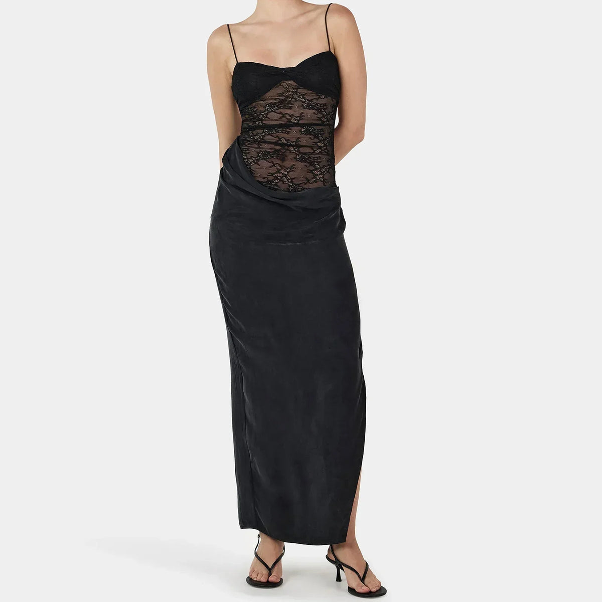 Lace Sweetheart Spaghetti Strap Sheer High Split Slip Maxi Dress - View 5