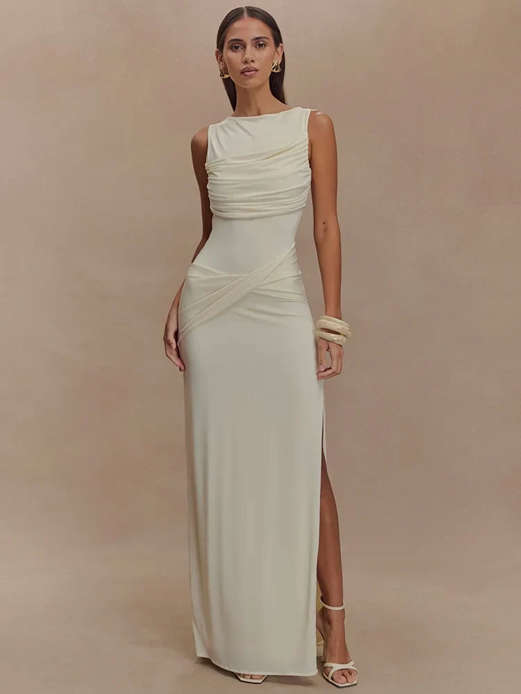 Ruched O Neck Split Maxi Bodycon Dress