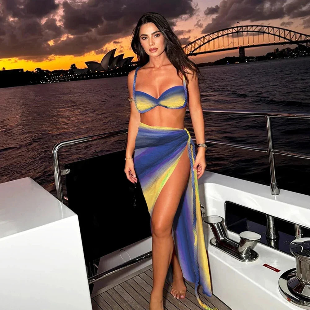 Gradient Cover Up Push Up Long Skirt Three Piece Swim Sets