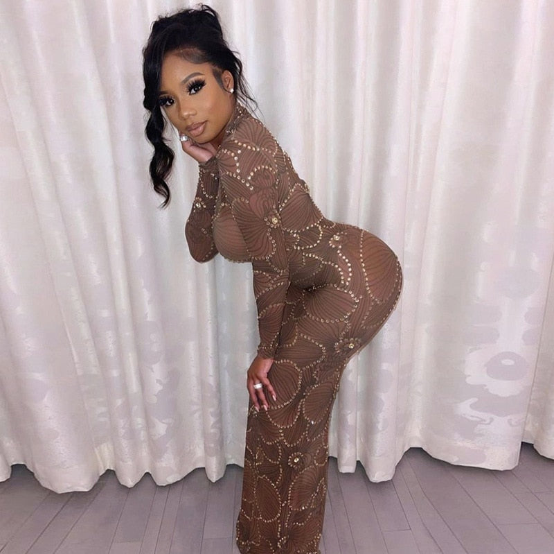 Embellished High Neck Long Sleeve Bodycon Maxi Dress