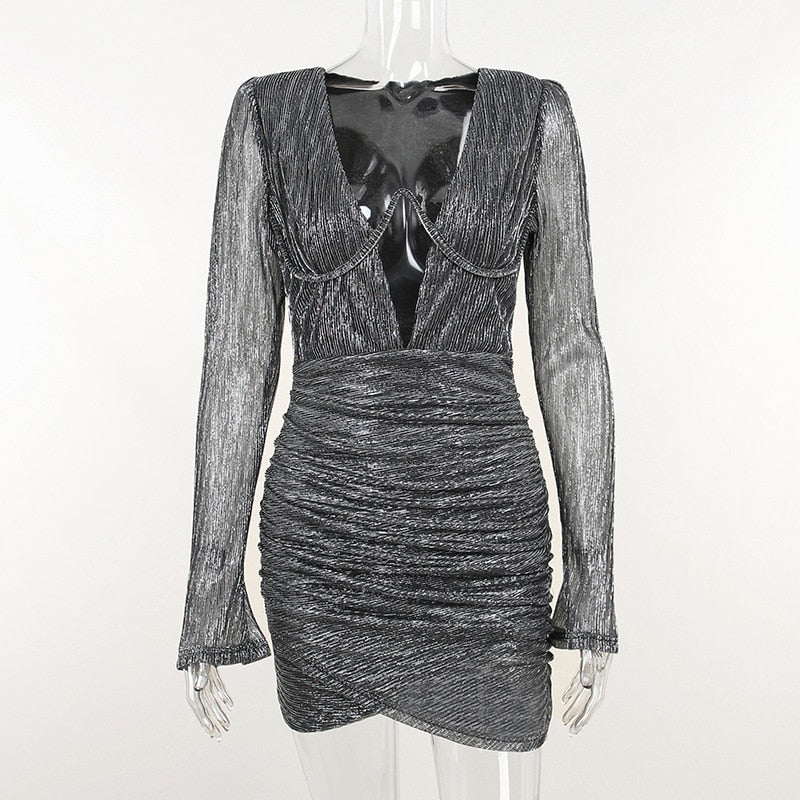 Sequin Plunge Long Sleeve Ruched Bodycon Mini Dress 7