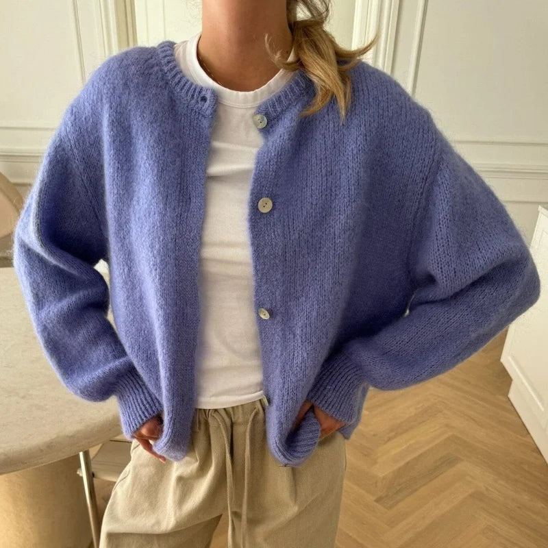 Solid Round Neck Single Breasted Cardigan