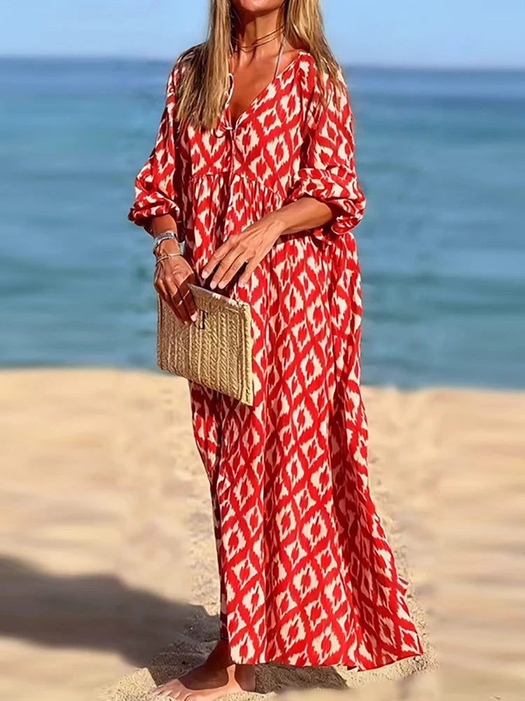 Fashionpara Elegant V-neck Pleated Long Sleeve Dress