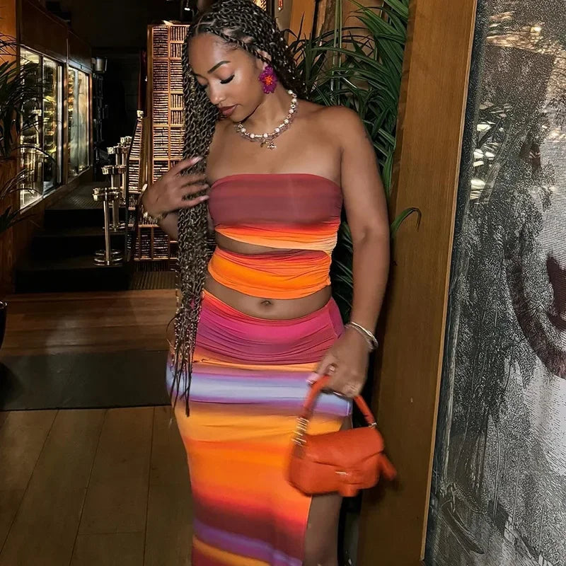 Colorful Cut Out Tube Top Split Three Piece Swim Sets - Fashionpara