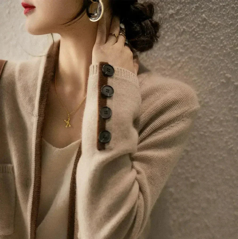 Stand Collar Contrast Trim Button Front Knit Cardigan 13