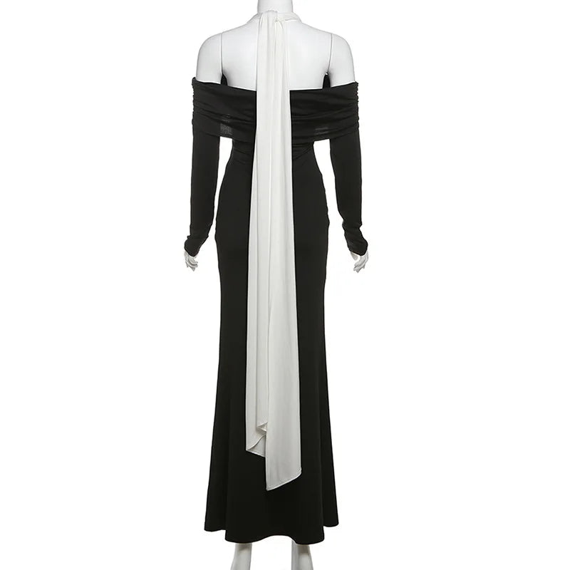 Off Shoulder Halter Cross Neck Long Sleeve Mermaid Maxi Dress - View 6