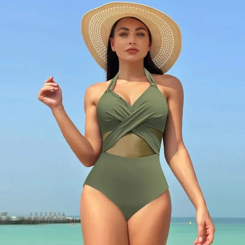Solid Mesh V-neck One Piece Set