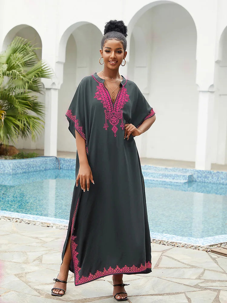 Embroidery Printed Long Dress Cover Up