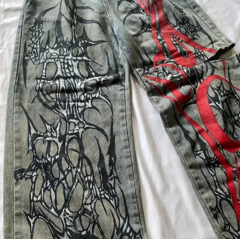 High-Street Printed Wide-Leg Denim Pants