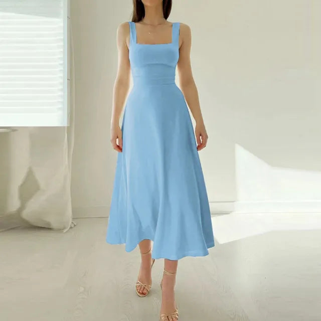 Square Neck Wide Strap Fitted Bodice A-Line Midi Dress