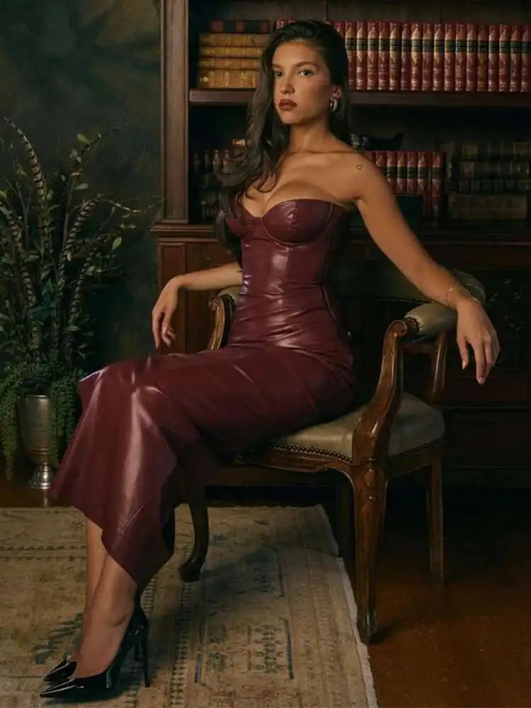 Faux Leather Strapless Corset Bodycon Midi Dress 2