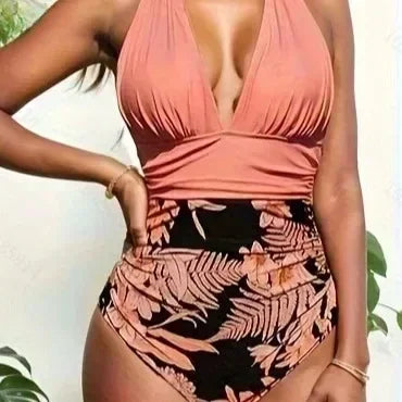 Deep V Halter Lace Up One Piece Set