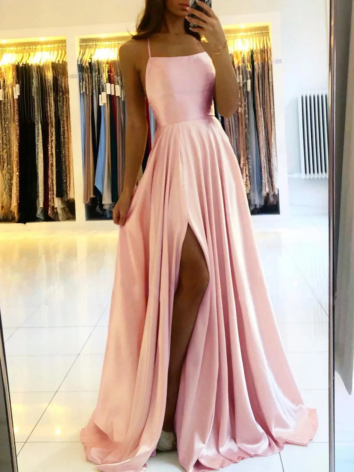 Satin Spaghetti Strap Square Neck High Split A-Line Maxi Prom Dress
