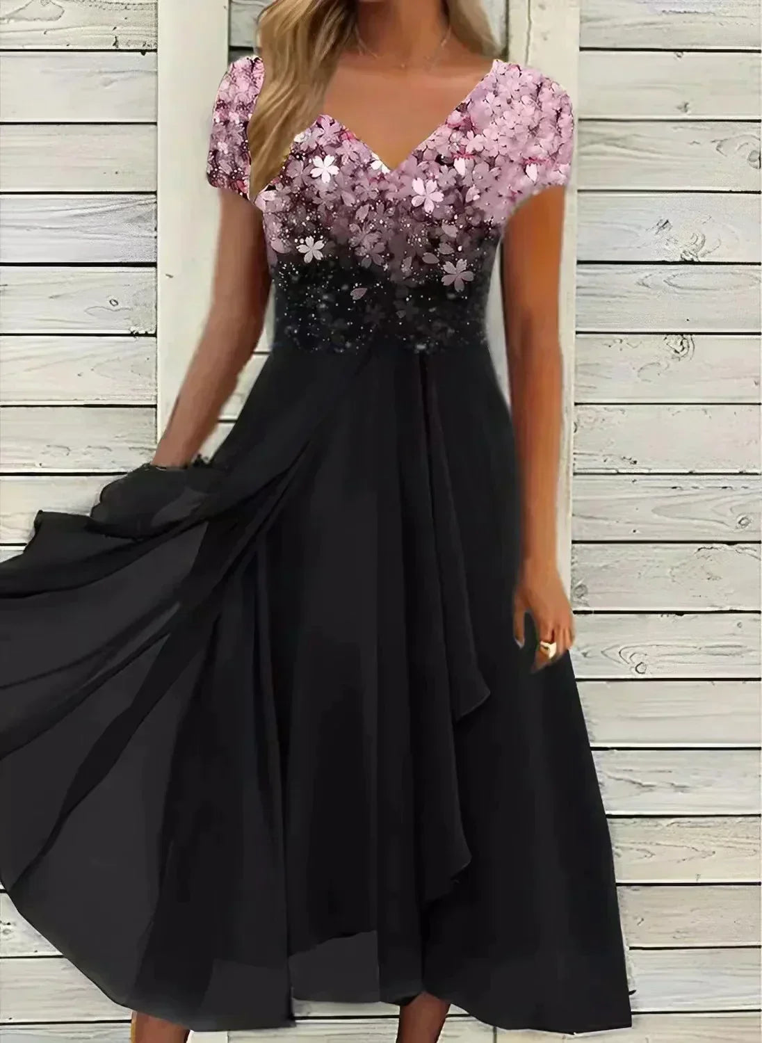 V-Neck Cap Sleeve Tiered Chiffon Handkerchief Hem Maxi Dress - View 2