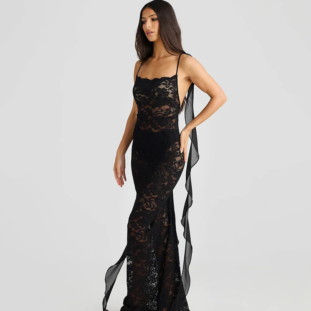 Lace Patchwork Backless Trailing Long Dress - View 12