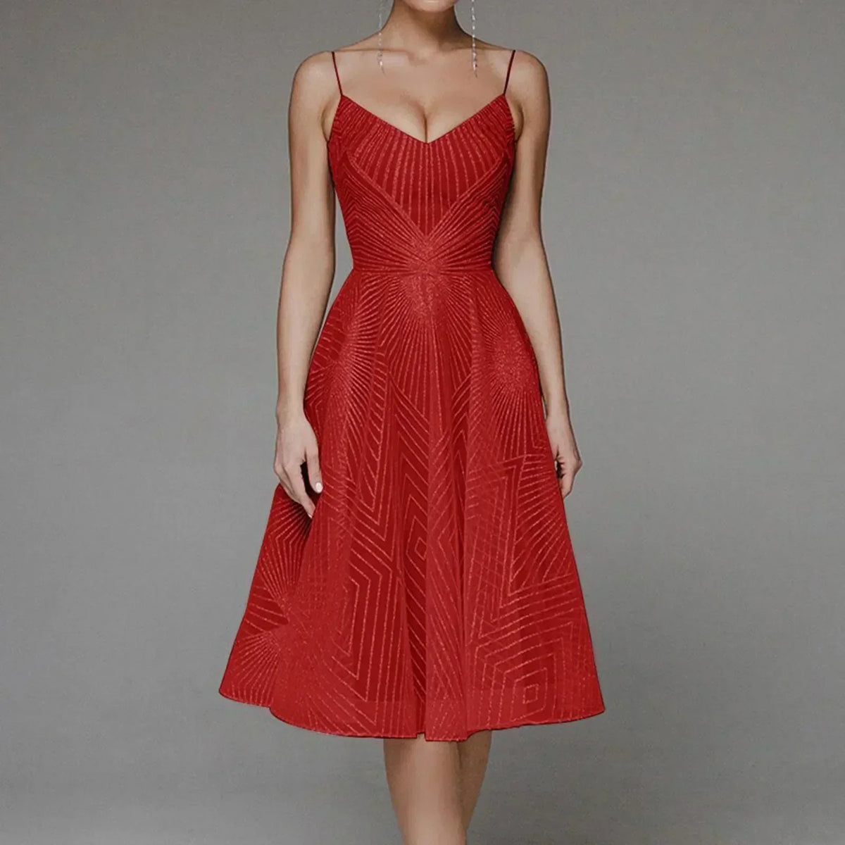Mesh Overlay Spaghetti Strap Deep V-Neck Geometric Midi Dress - View 10