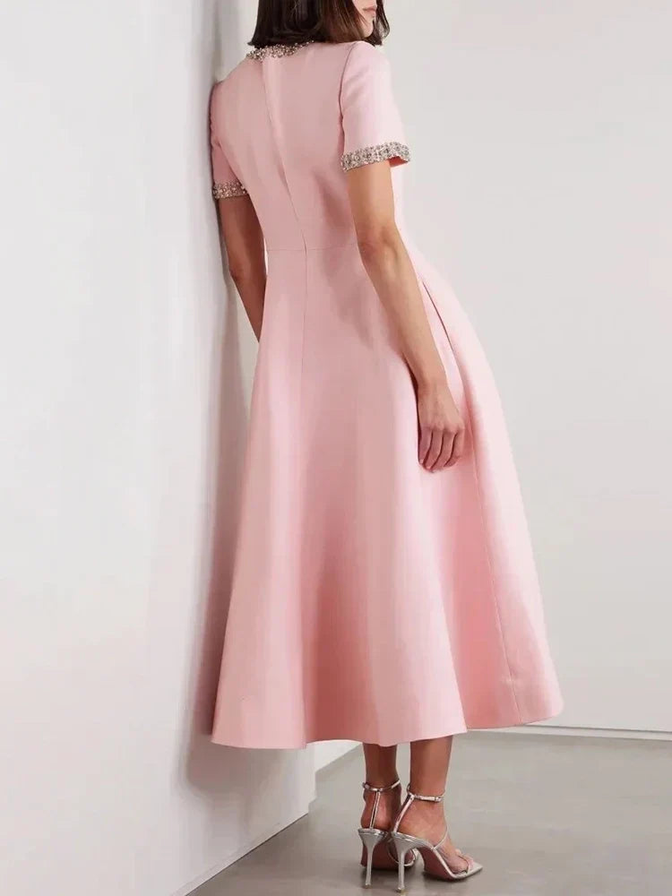 Rhinestone Trim Bow Detail Keyhole Neck Short Sleeve A-Line Midi Dress - View 2