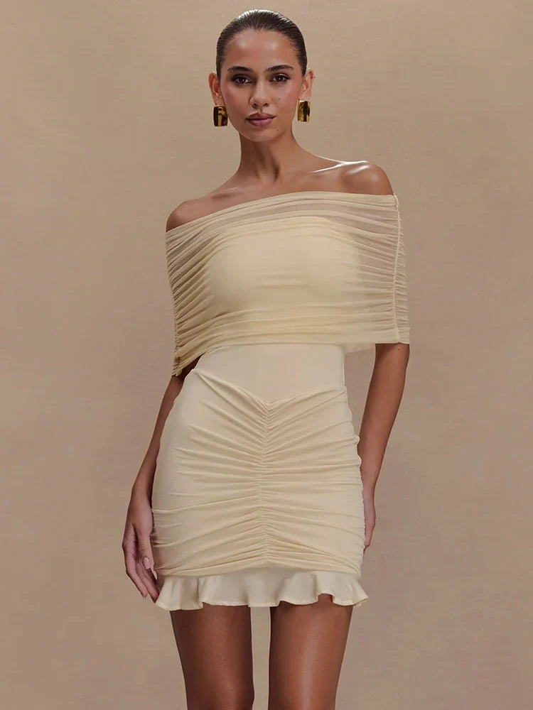 Mesh Strapless Ruffled Mini Bodycon Dress