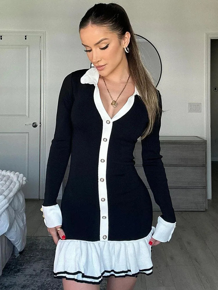 Ruffled Contrast Bow Open Back Lace - Up Knit Mini Dress - View 14