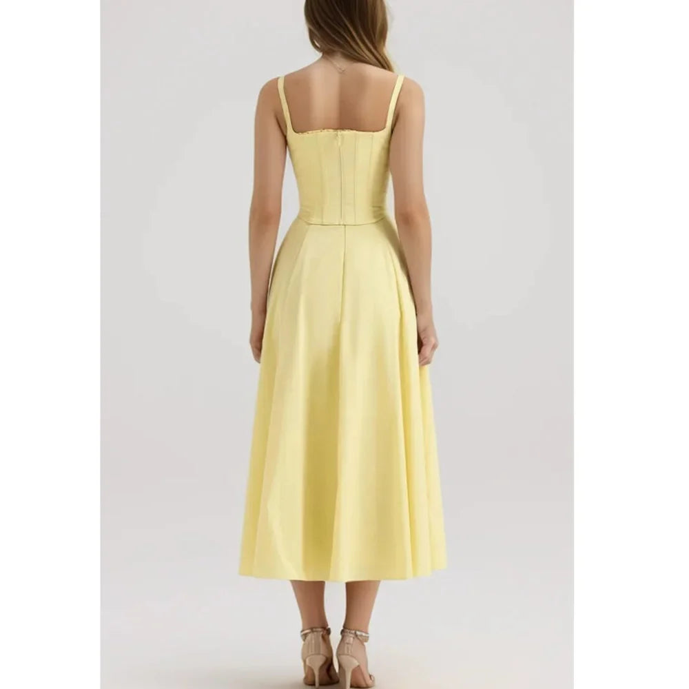 Corset Tie Shoulder Square Neck Ruffle High Split Midi Dress - View 8