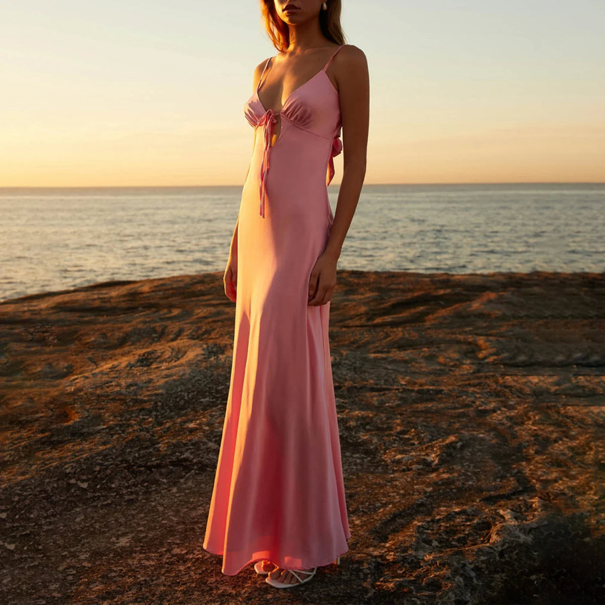 Cutout Tie-Up Silky Cami Maxi Dress