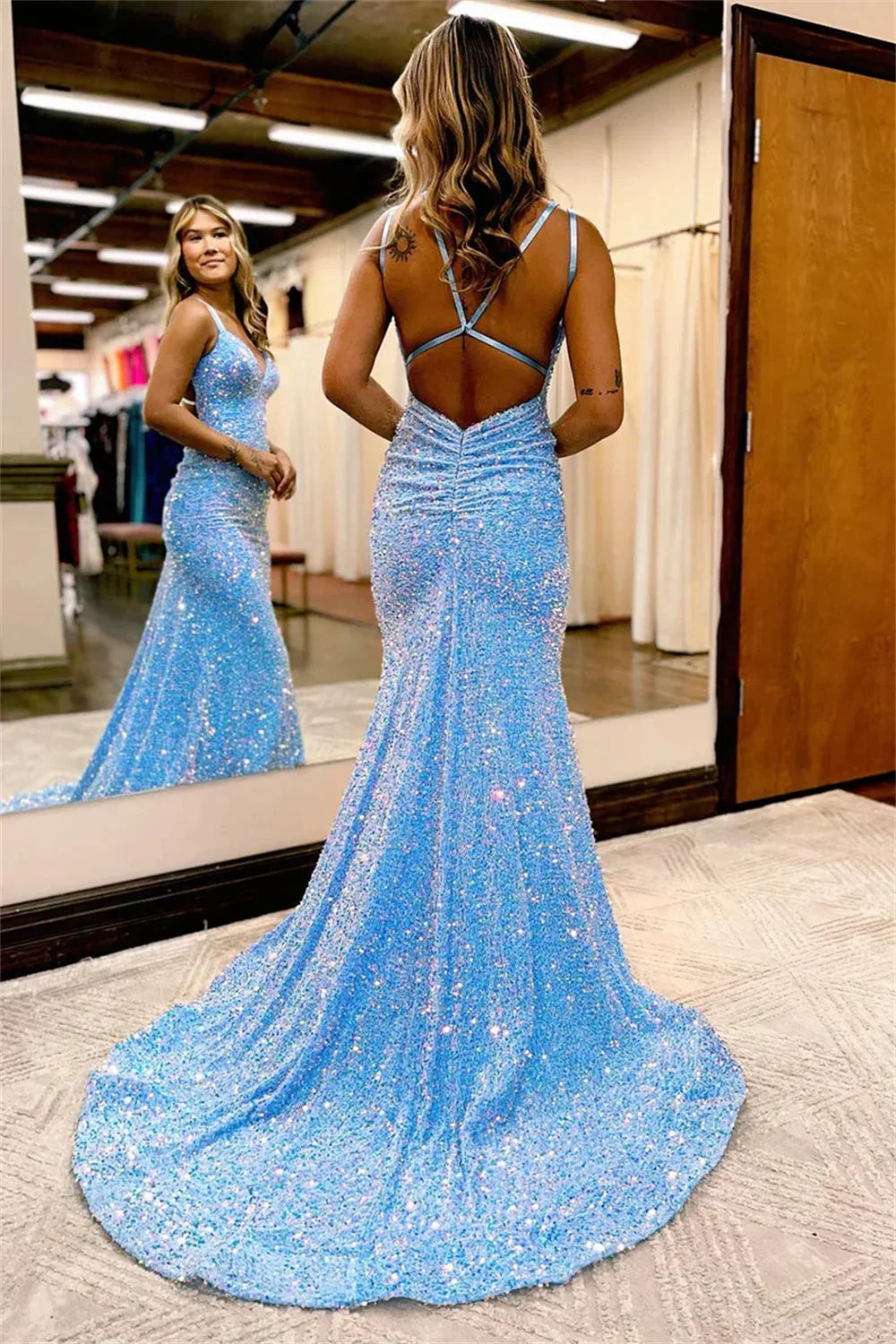 Sequin V-Neck Sleeveless Backless Bodycon Maxi Party Dress