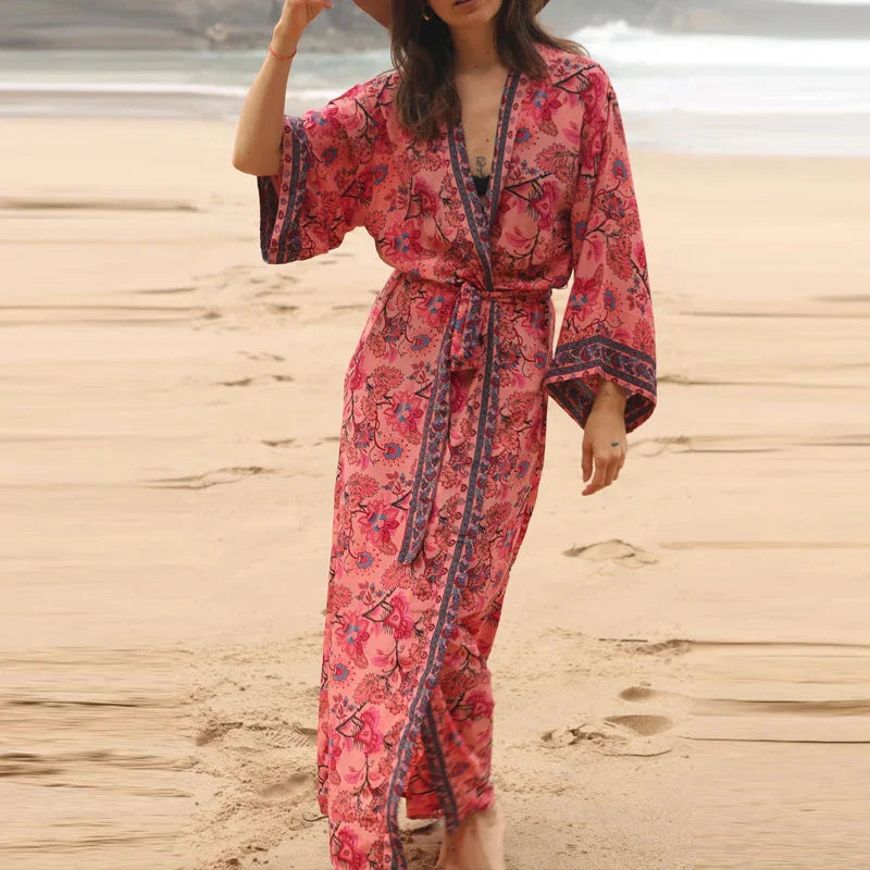 Retro Floral V-Neck Beach Cover Up
