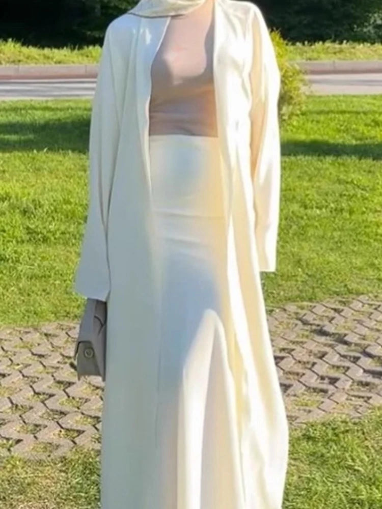 Elegant Women's V-neck Robe Coat and Skirt Set in Cotton Linen