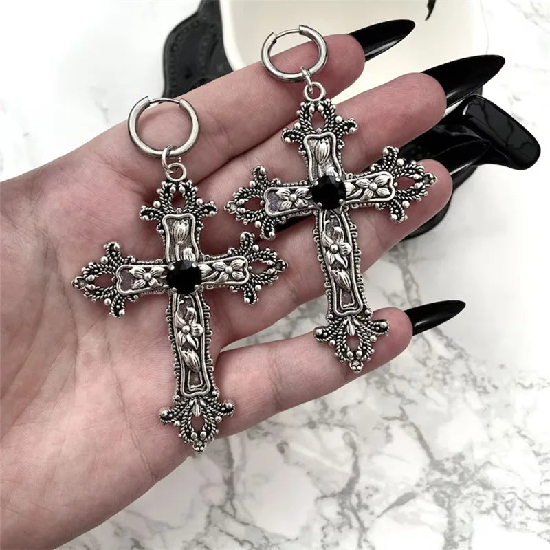 Dark Big Silver Cross Marriage Dangle Earring