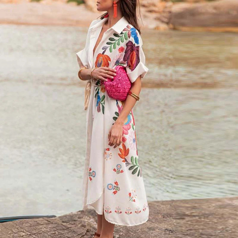 Elegant Vintage Patterned Loose Shirt Dress with Split Hem