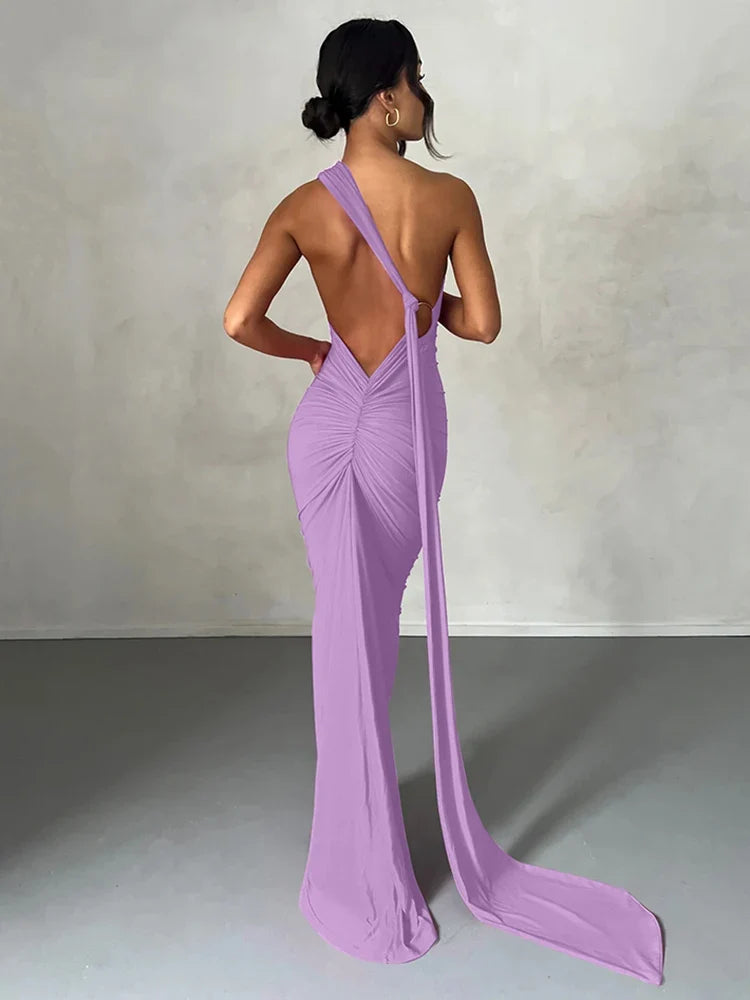 One Shoulder Scarf Ruched Maxi Dress