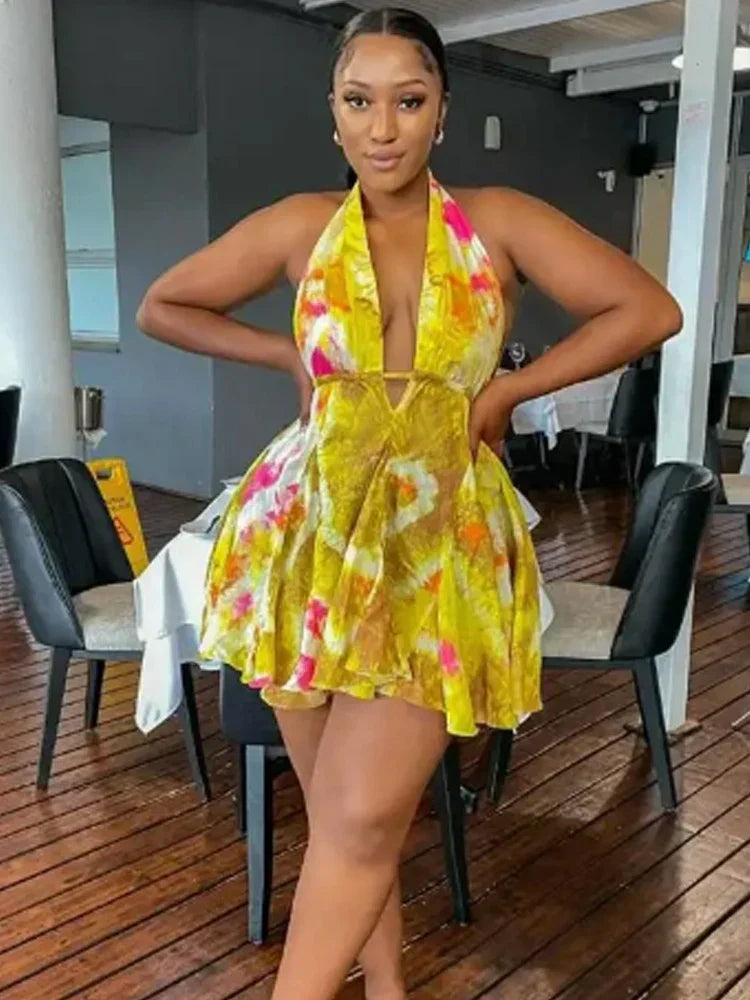 Tie-Dye Halter Ruffle Hem Bandage Mini Dress