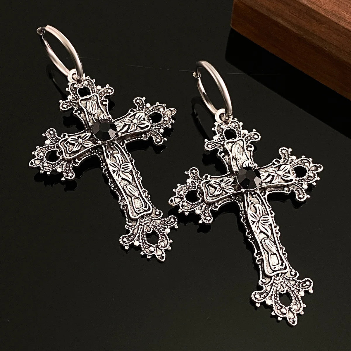 Dark Big Silver Cross Marriage Dangle Earring