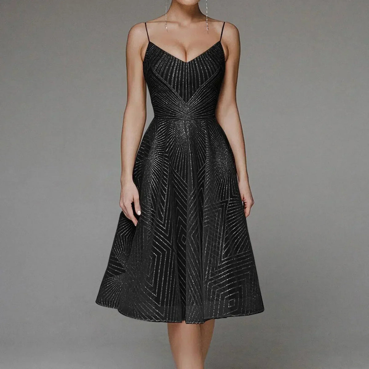 Mesh Overlay Spaghetti Strap Deep V-Neck Geometric Midi Dress - View 7