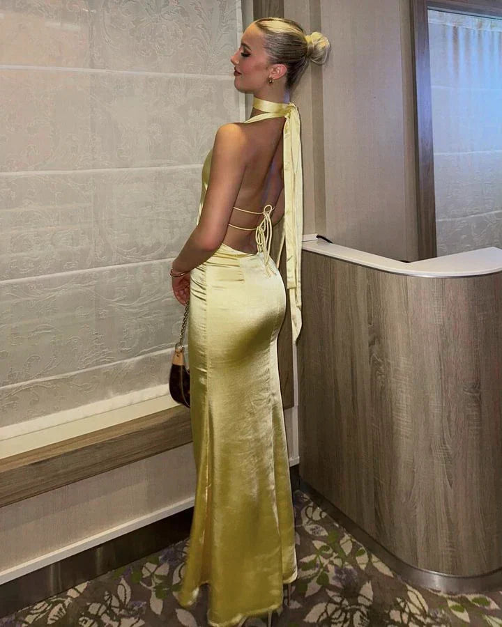 Satin Halter Neck Choker Deep V-Neck Bodycon Maxi Gown 39