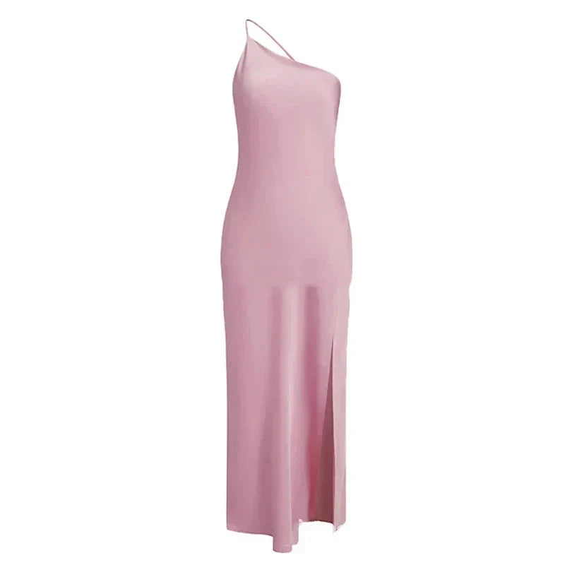 Backless Satin Slant Shoulder Solid Slit Long Dress - View 24