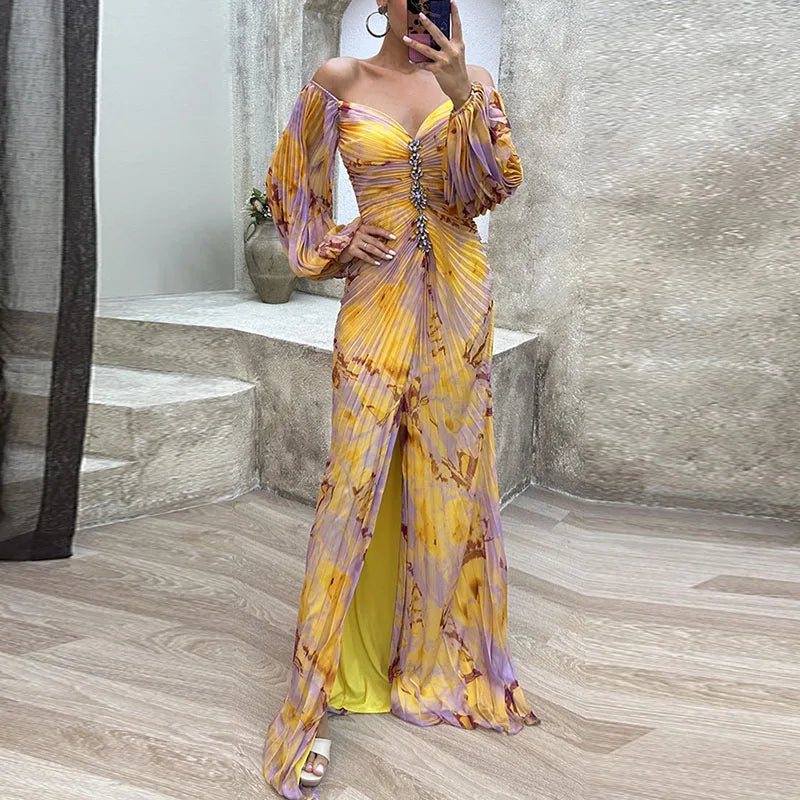 Off Shoulder Deep V-Neck Puff Sleeve Rhinestone Maxi Gown