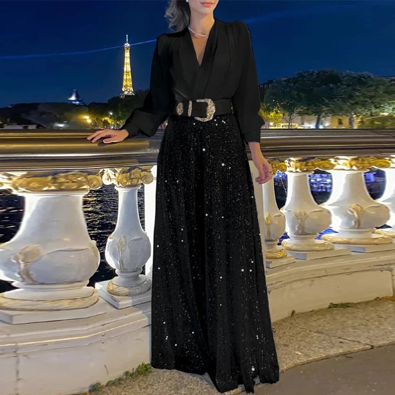 Elegant Sequin Wide Leg Pants and V-Neck Blouse Set