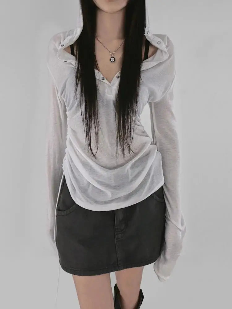 Hooded See Through Long Sleeve Sheer Top