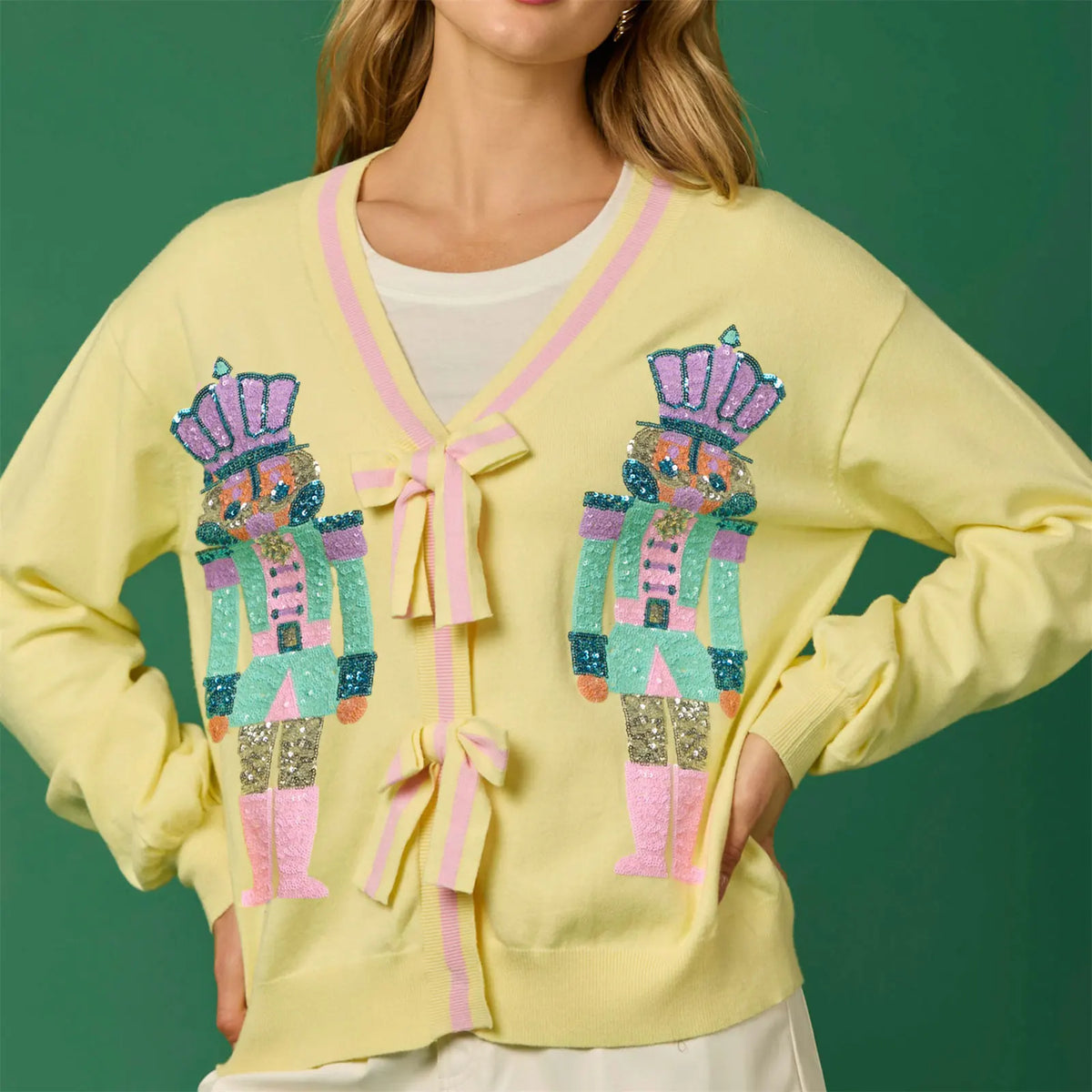 Glitter Sequined V-neck Bow Button Cardigan