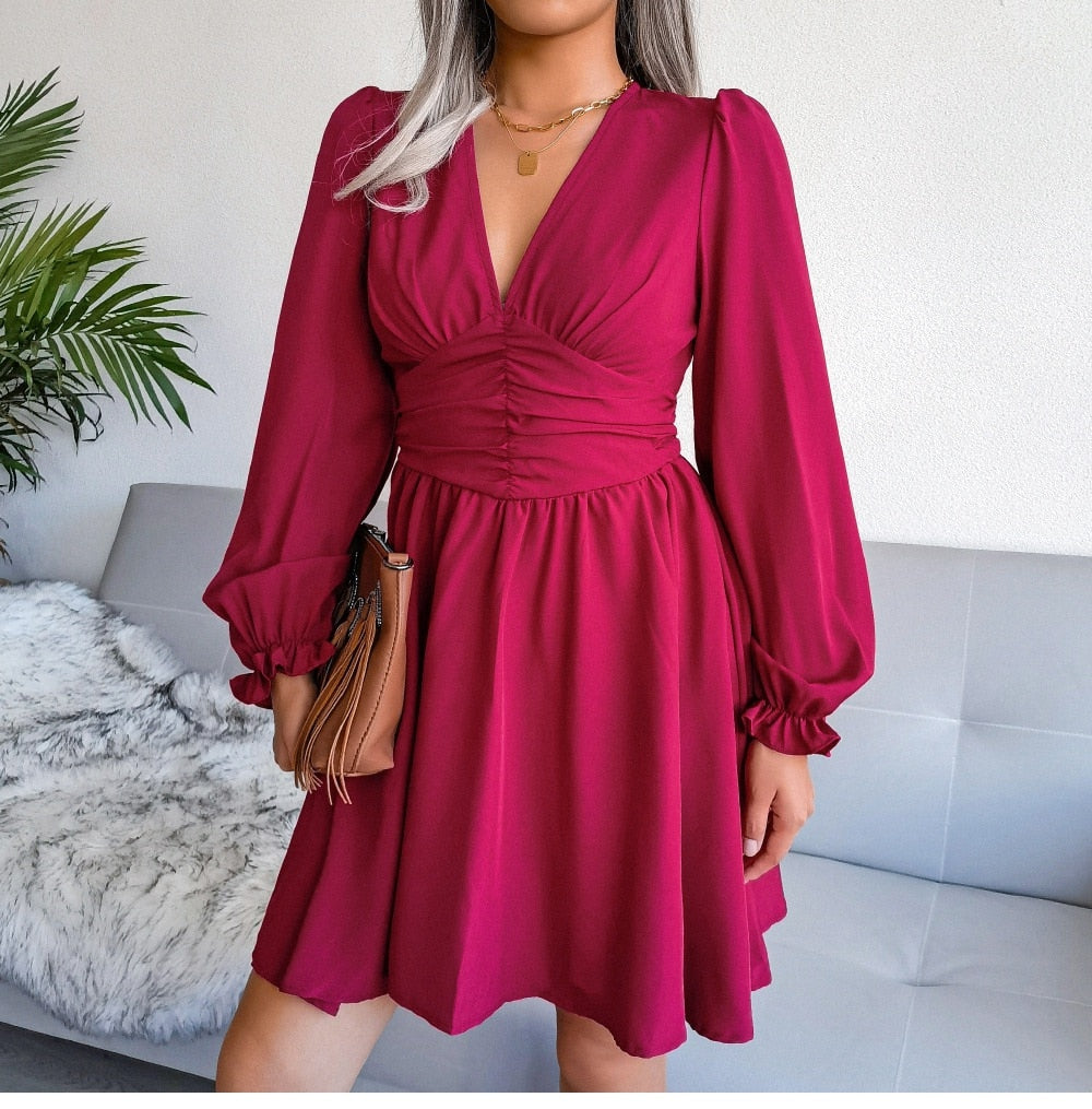 Deep V-Neck Puff Sleeve Ruched Waist A-Line Mini Dress