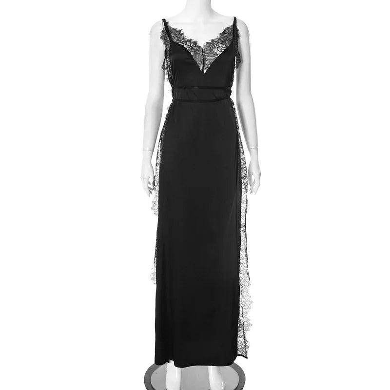 Lace Satin Patchwork High Split Maxi Dress - View 12