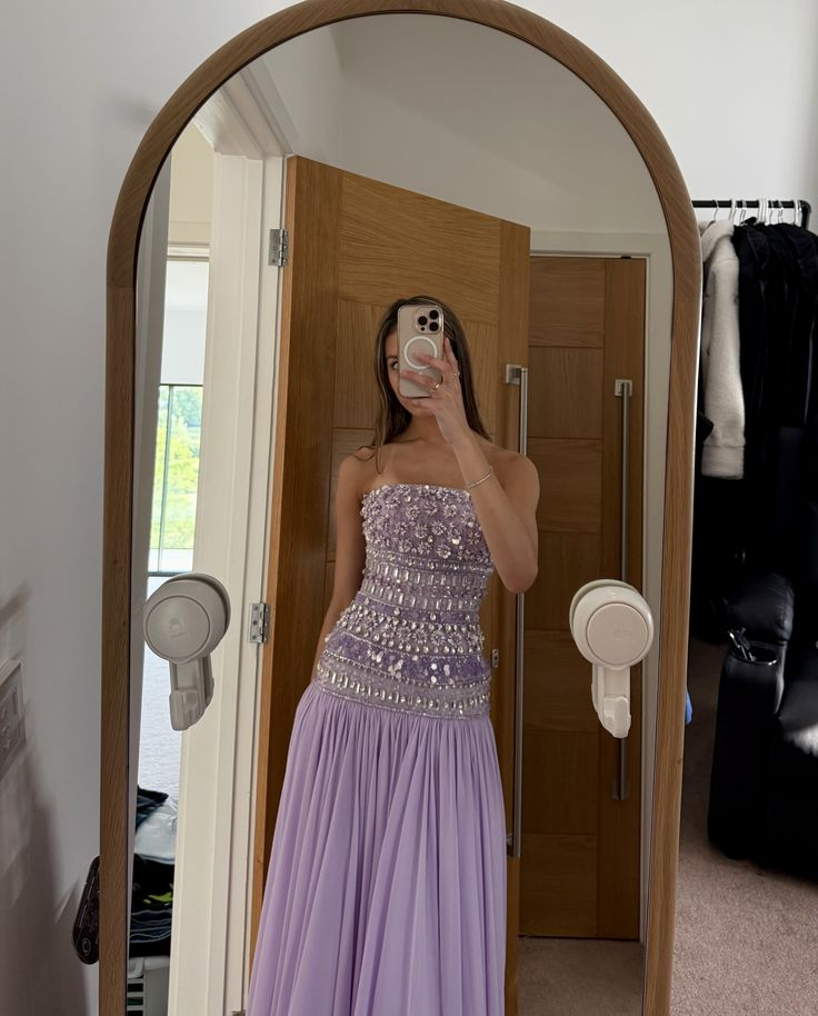 Classy Strapless Lilac Chiffon Beaded Mermaid Long Party Dress Formal Wedding Guest Dress D1744