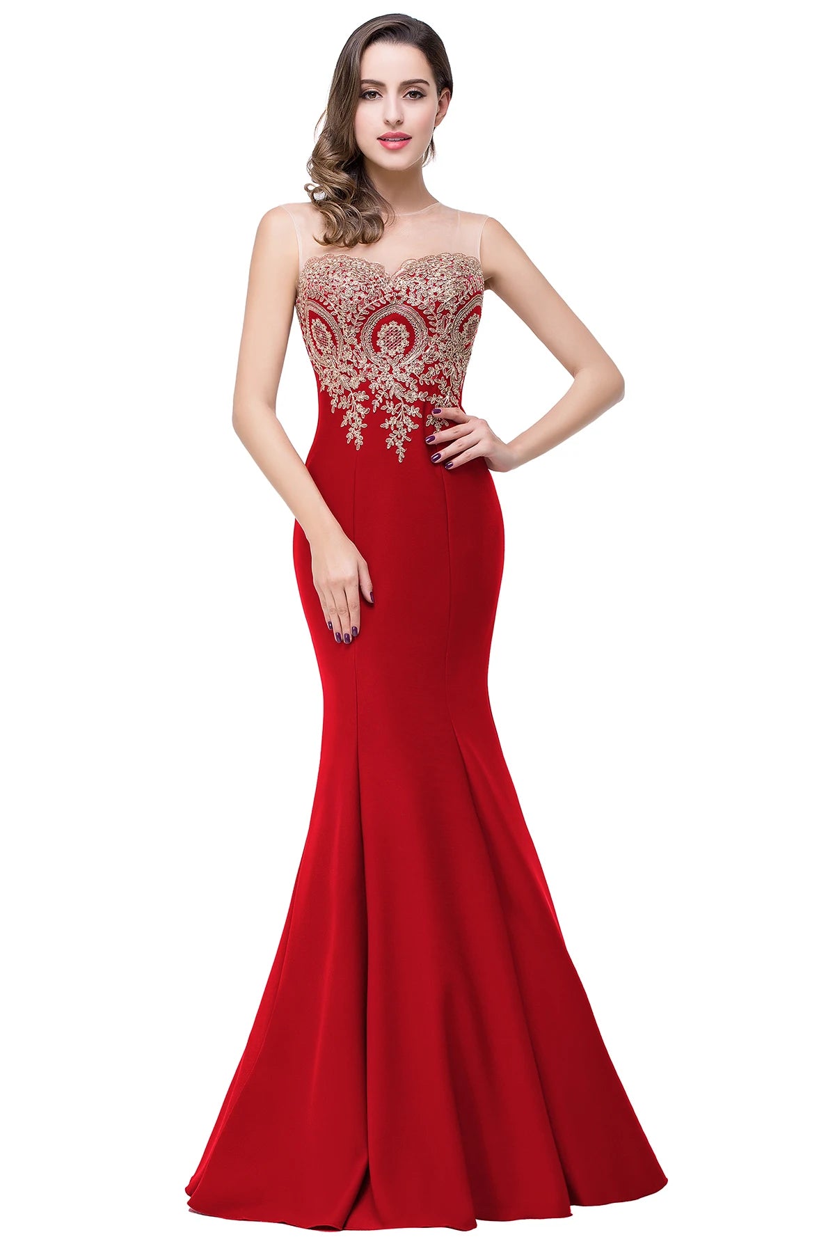 Elegant Red Maxi Dress with Gold Appliques for Formal Events