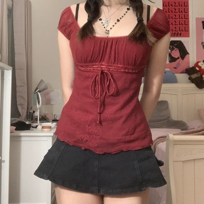 Square Collar Kawaii Bow Vintage Crop Top