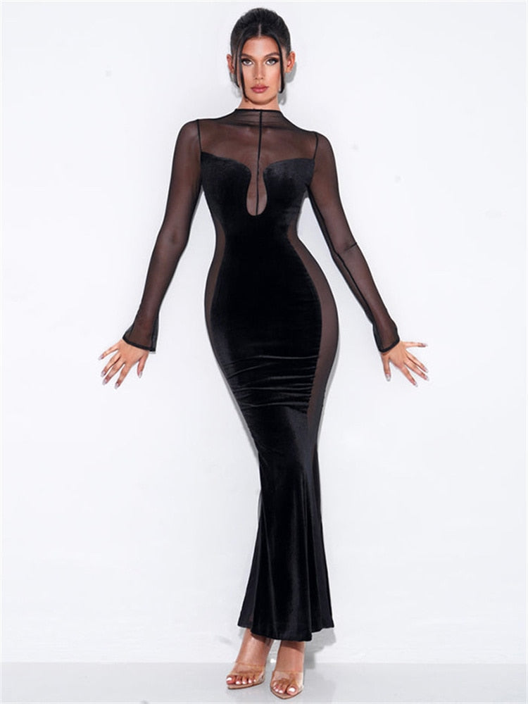 Velvet High Neck Long Sleeve Mesh Panel Mermaid Gown