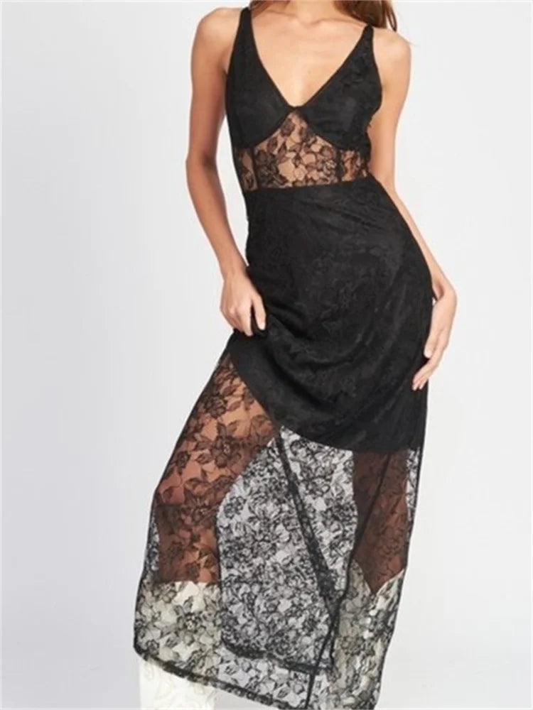 Lace Deep V-Neck Sheer Slip Maxi Dress 5